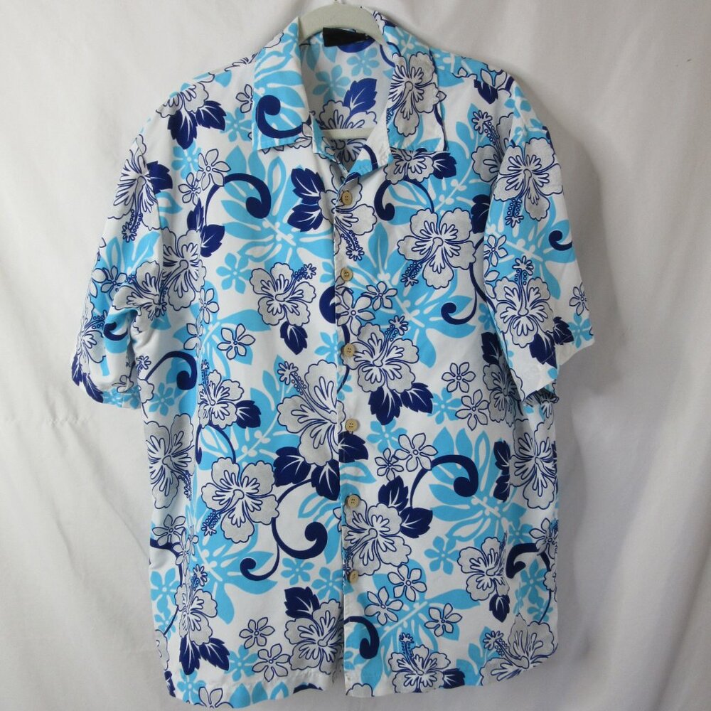 Odo Hawaiian Shirt Blue White Hibiscus Button Short Sleeve Vintage Size Large